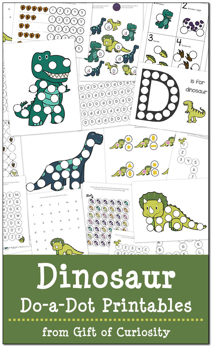 20 pages of free Dinosaur Do-a-Dot Printables. Great activities for kids ages 2-6 to work on shapes, colors, numbers, and letters. Love the graphics in this cute dinosaur pack! || Gift of Curiosity