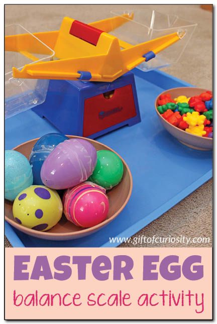 Easter egg balance scale activity. This is such fun way to build math skills with kids! || Gift of Curiosity