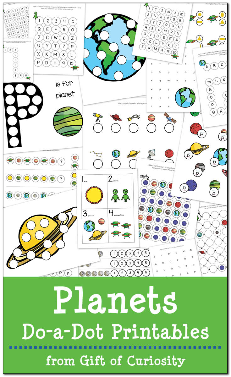 19 pages of free Planets Do-a-Dot Printables for kids ages 2-6. This pack has great graphics and is perfect for kids who are learning about our solar system! || Gift of Curiosity