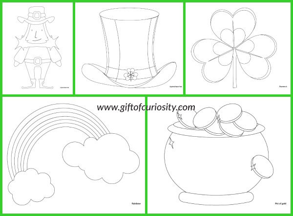 Free St. Patrick's Day coloring pages with five different images. This could be a fun way to keep the kids busy for a bit ahead of St. Patrick's Day. || Gift of Curiosity