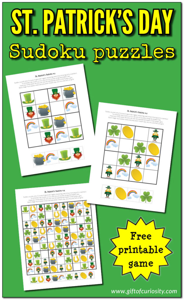 Free St. Patrick's Day Sudoku Puzzles: Download and print to give your kids' brain a fun workout! #stpatricksday #sudoku #giftofcuriosity || Gift of Curiosity