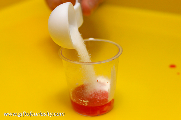 The great baking soda and vinegar experiment: Challenge your kids to use their knowledge of baking soda and vinegar chemical reactions to determine which of six powders is baking soda and which of six liquids is vinegar. This is a great follow up experiment to other baking soda and vinegar activities! || Gift of Curiosity