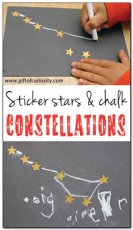 A fun constellation craft for kids using gold stars and chalk on black paper. This craft builds constellation knowledge and supports the development of fine motor skills and spatial awareness. #constellations #space #homeschool #giftofcuriosity || Gift of Curiosity