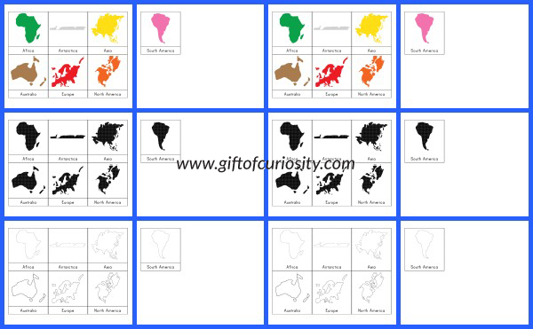 Montessori Continents 3-Part Cards with 3 color options and lots of possible activities for teaching geography to kids! || Gift of Curiosity