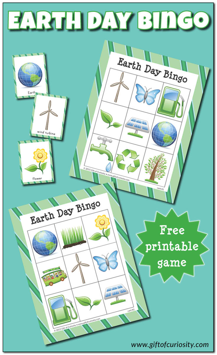 Free printable Earth Day Bingo game with 10 different playing cards for hours of Earth Day fun! This game is a great way to spark conversations about how we can all help our planet. || Gift of Curiosity