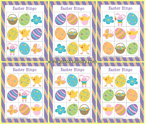 Free printable Easter Bingo game with 10 different playing cards for hours of Easter Bingo fun! || Gift of Curiosity