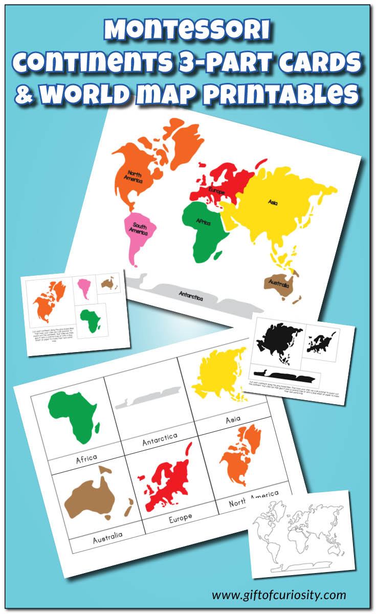 Montessori Continents 3-Part Cards and Montessori World Map and Continents printables with 3 color options and lots of possible activities. This is a FANTASTIC resource for teaching geography to kids! || Gift of Curiosity