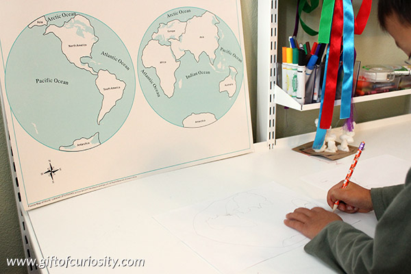 Tracing and labeling the continents, one of four simple Montessori activities for teaching the continents to young kids. || Gift of Curiosity