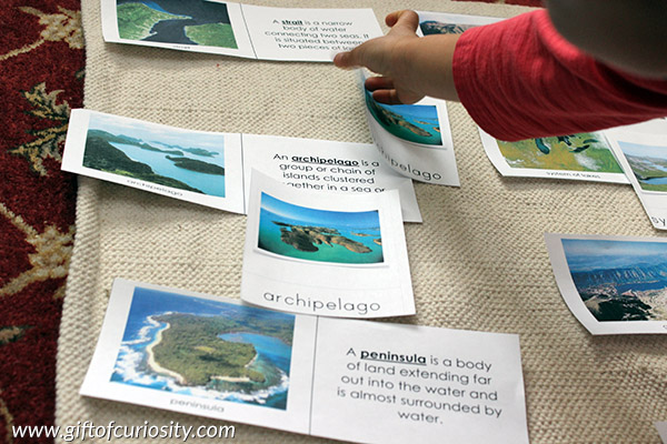 Matching photographs of real landforms: 1 of 5 fun Montessori landform activities that will help kids recognize basic land and water forms in no time! || Gift of Curiosity