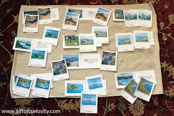 Matching photographs of real landforms: 1 of 5 fun Montessori landform activities that will help kids recognize basic land and water forms in no time! || Gift of Curiosity
