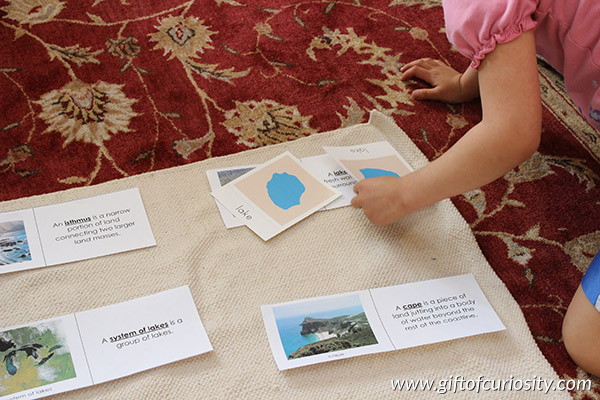 Matching photographs of landforms with illustrations of landforms: 1 of 5 fun Montessori landform activities that will help kids recognize basic land and water forms in no time! || Gift of Curiosity