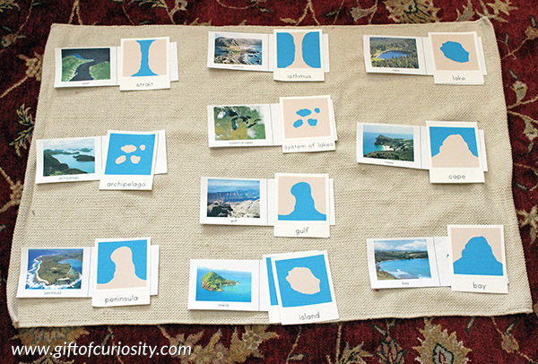 Matching photographs of landforms with illustrations of landforms: 1 of 5 fun Montessori landform activities that will help kids recognize basic land and water forms in no time! || Gift of Curiosity