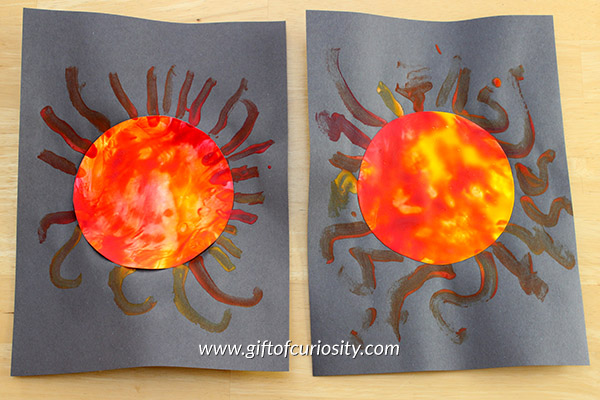 Learn about our nearest star by creating these beautiful sun paintings. This is a fun sensory art project that turns out beautifully. || Gift of Curiosity