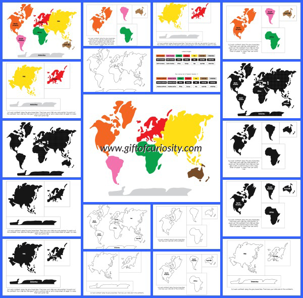 Montessori World Map and Continents printables with 3 color options and lots of possible activities for teaching geography to kids! || Gift of Curiosity