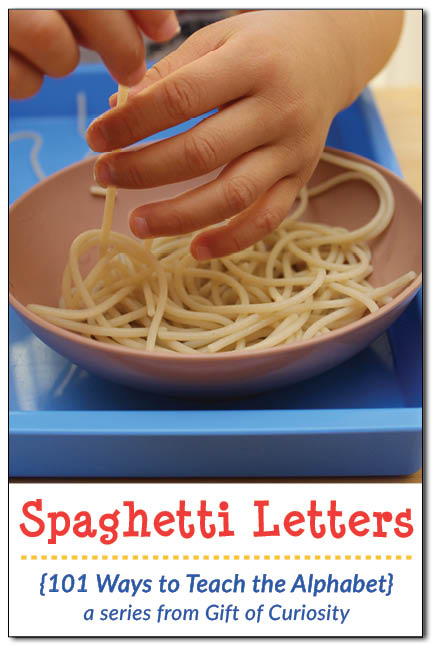 Use cooked spaghetti noodles to teach the alphabet. The post has info about how to keep the noodles from sticking. {101 Ways to Teach the Alphabet} || Gift of Curiosity