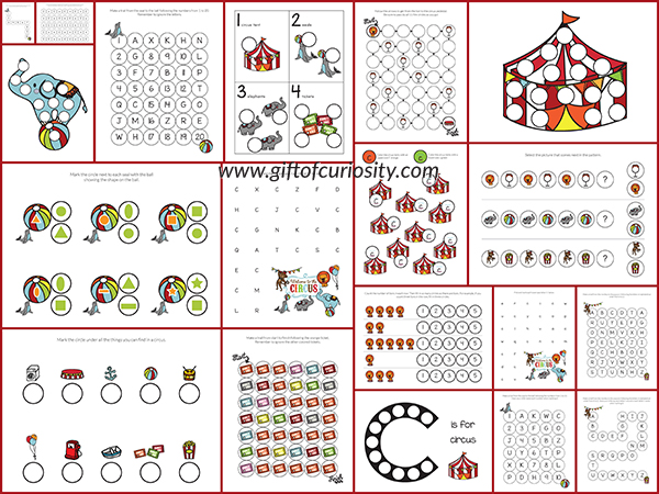 Free Circus Do-a-Dot Printables featuring 19 pages of circus fun and learning for kids ages 2-6 || Gift of Curiosity
