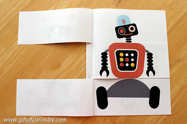 FREE Flip a Robot printable activity book. Kids can mix and match robot heads, bodies and legs. Printable includes six full color mix and match robots, six black line mix and match robots, and blank templates for kids to create their own mix and match robots. || Gift of Curiosity