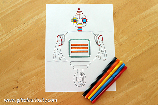 FREE Flip a Robot printable activity book. Kids can mix and match robot heads, bodies and legs. Printable includes six full color mix and match robots, six black line mix and match robots, and blank templates for kids to create their own mix and match robots. || Gift of Curiosity