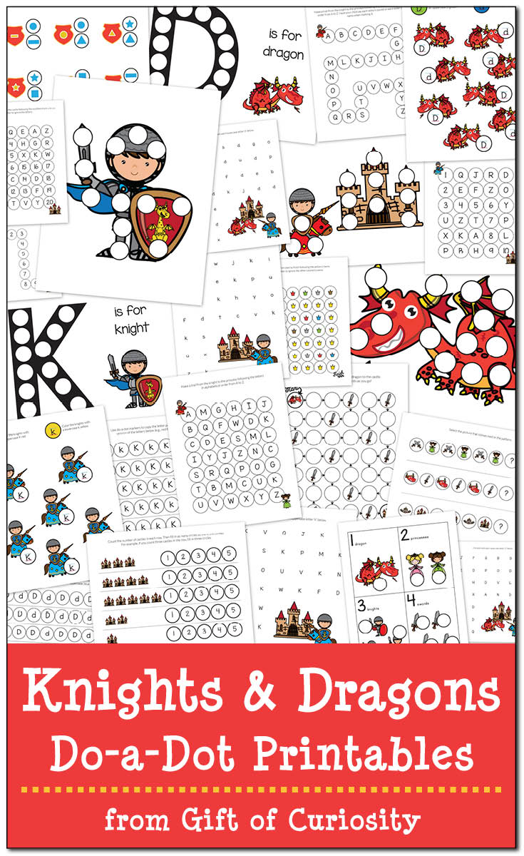 Knights and Dragons Do-a-Dot Printables: 24 pages of free do-a-dot worksheets focused on the brave knights and fearsome dragons of Medieval times || Gift of Curiosity