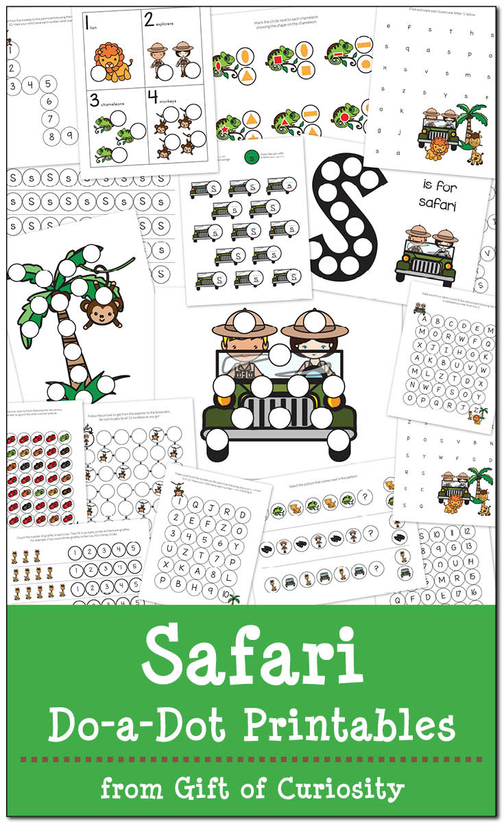 Take a journey to the African continent with this FREE pack of Safari Do-a-Dot Printables featuring 18 pages of learning activities for kids ages 2-6. || Gift of Curiosity