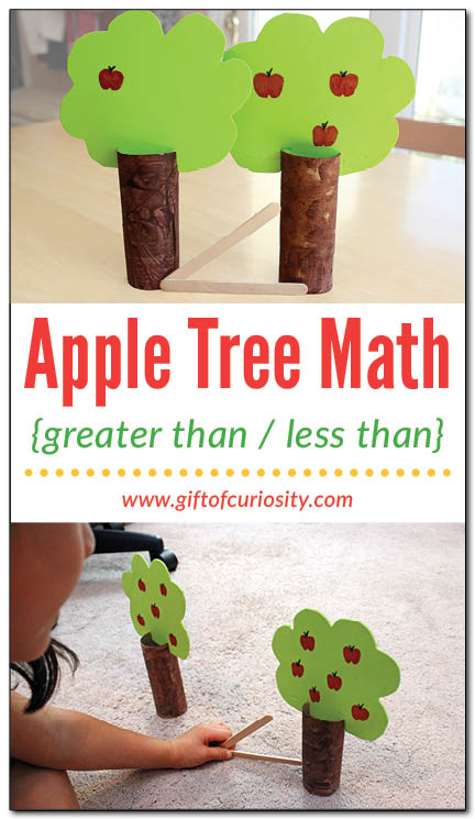 This apple tree math activity teaches kids to compare quantities and decide which is greater than and which is less than. Such a fun idea for Pre-K and K students! || Gift of Curiosity