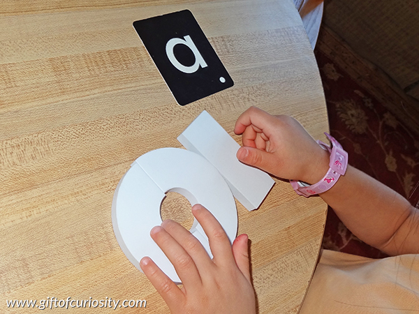 Building letters with foam blocks - a simple letter learning activity that helps kids understand the various shapes that make up letters, e.g., lines, curves, dots, etc. || Gift of Curiosity