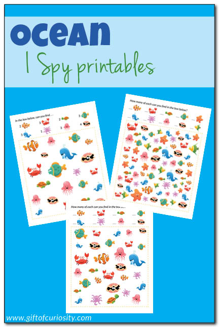Free Ocean I Spy printables with three levels of difficulty. Help your child with visual discrimination, counting, and naming ocean animals! || Gift of Curiosity