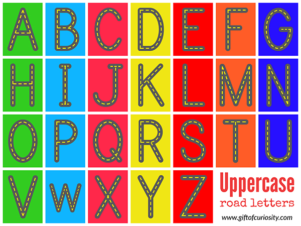 FREE printable Road Letters. Use your child's love of cars to encourage him or her to learn the letters of the alphabet! This is a great tool for helping kids practice writing letters with the correct stroke order. #freeprintable #letters #alphabet #preschool || Gift of Curiosity
