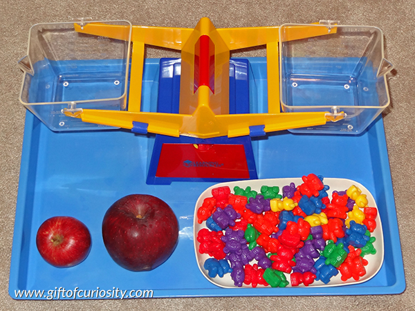 Comparing apple weights activity: Part of a collection of apple-themed Montessori activity ideas for kids ages 2-5. || Gift of Curiosity