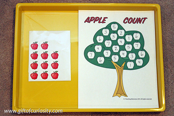Put the apples on the tree counting activity with stickers: Part of a collection of apple-themed Montessori activity ideas for kids ages 2-5. || Gift of Curiosity