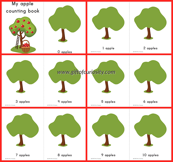 My Apple Counting Book is a free printable fill-in-the-apples book to help children with number identification and counting skills. Great for preschoolers and kindergarten students to use during an apple unit! || Gift of Curiosity