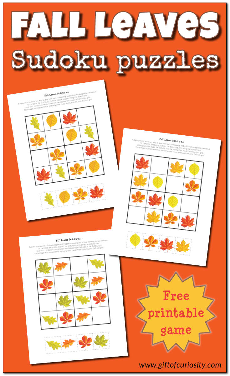Free printable Fall Leaves Sudoku puzzles adapted to be used by young children. Great for challenging kids' critical thinking skills. Beautiful graphics too! || Gift of Curiosity