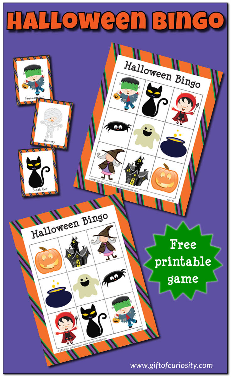 Free printable Halloween Bingo games for all ages! Cute graphics, and I love the suggestions for using Bingo to support kids' development of executive functioning skills! || Gift of Curiosity