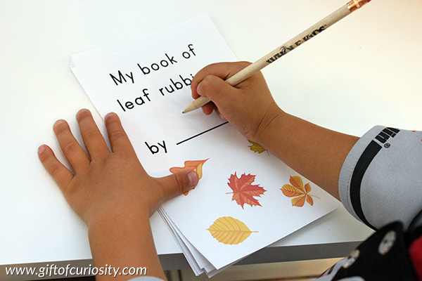 Leaf rubbings activity + free printable book. I love how this combines science and fine motor skills development for kids! || Gift of Curiosity