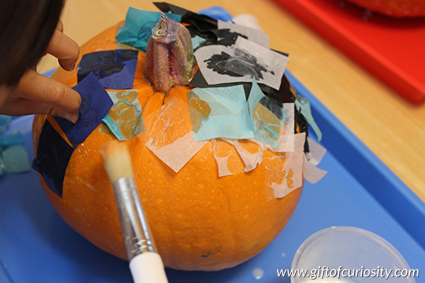 Tissue paper pumpkins - a beautiful (and kid-friendly!) way to decorate pumpkins for Halloween! || Gift of Curiosity