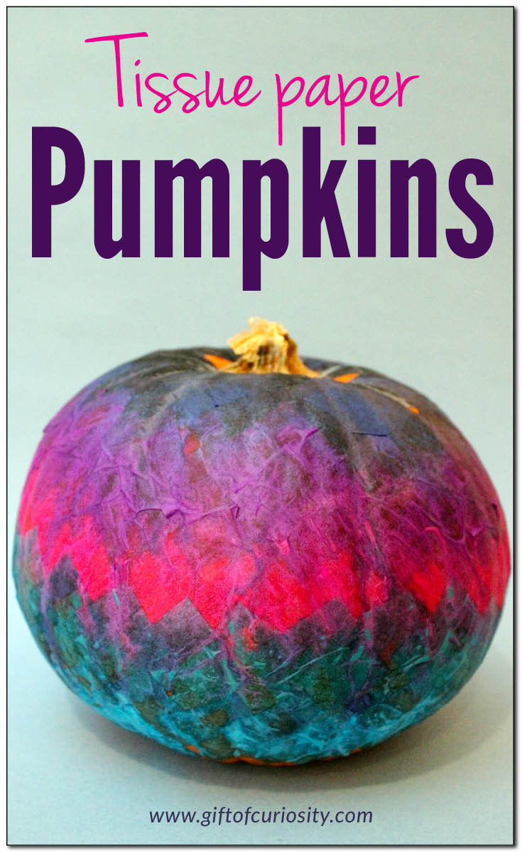 Tissue paper pumpkins - a beautiful (and kid-friendly) way to decorate pumpkins for Halloween! OMG So pretty! I love this! || Gift of Curiosity