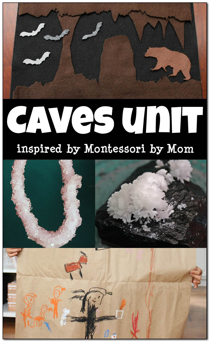 This Montessori-inspired caves unit includes ideas for learning about cave formations, growing crystals, creating cave art, building a cave scene, and doing cave-inspired math activities. || Gift of Curiosity