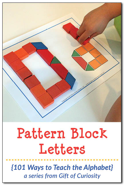 Kids can use pattern blocks to learn their letters while developing their fine motor skills at the same time. Post includes links to free pattern block templates to use with your kids. || Gift of Curiosity