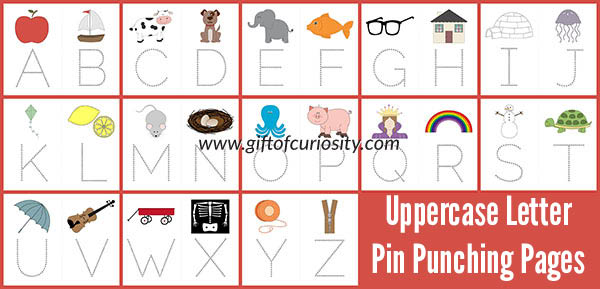 Free Montessori-inspired Letter Pin Punching Pages to help kids learn their letters while developing the fine motor control needed for writing. Letter pin punching is a great way to teach the alphabet! || Gift of Curiosity