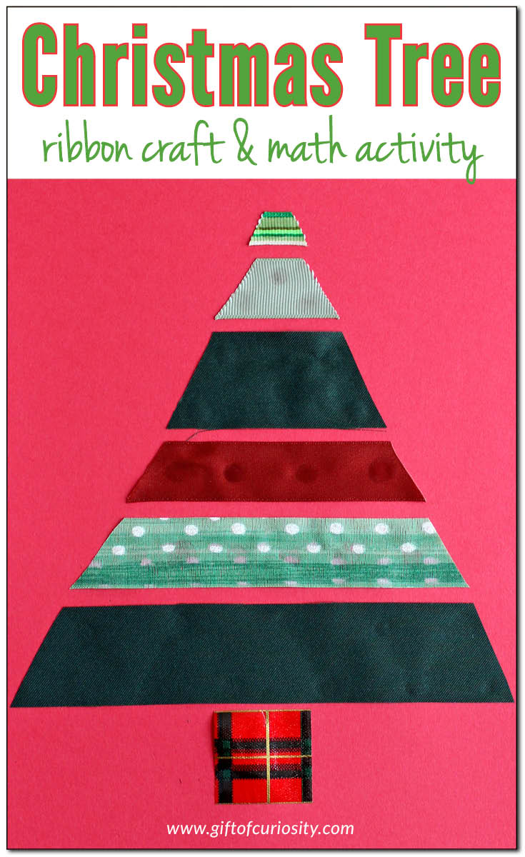 Christmas tree ribbon craft and math activity: Make a beautiful ribbon Christmas tree while developing kids' measurement skills, length comparison skills, and fine motor skills. I love how this activity combines a Christmas craft with math skills development! || Gift of Curiosity