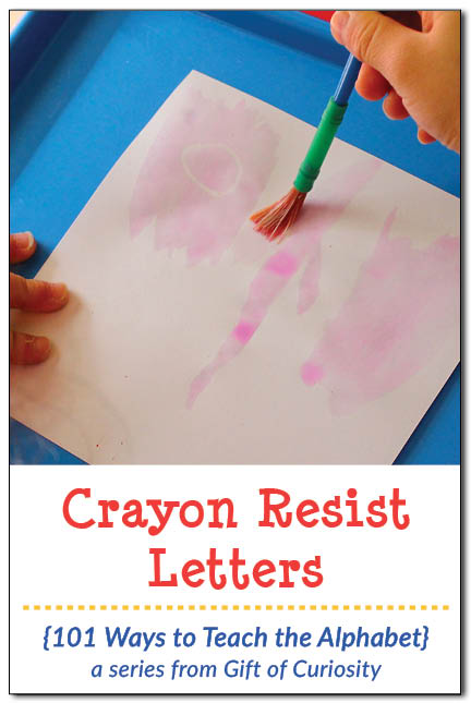 Find the crayon resist letters: In this activity, an adult writes letters on a sheet of paper using a white crayon, making them invisible. Kids then find the hidden letters by brushing the paper with watercolor paints, revealing the hidden letters that resist the paint. I love this way of bringing some "magic" to learning the alphabet! || Gift of Curiosity