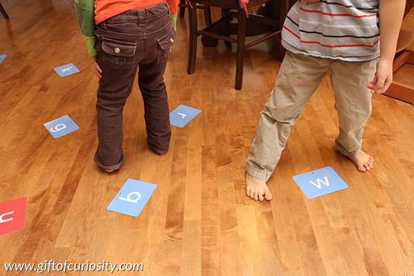 Letter Hop: A fun gross motor game to help kids learn their letters. Just one of many great ideas from the 101 Ways to Teach the Alphabet series at Gift of Curiosity