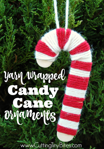 Yarn wrapped candy cane ornaments from Cutting Tiny Bites