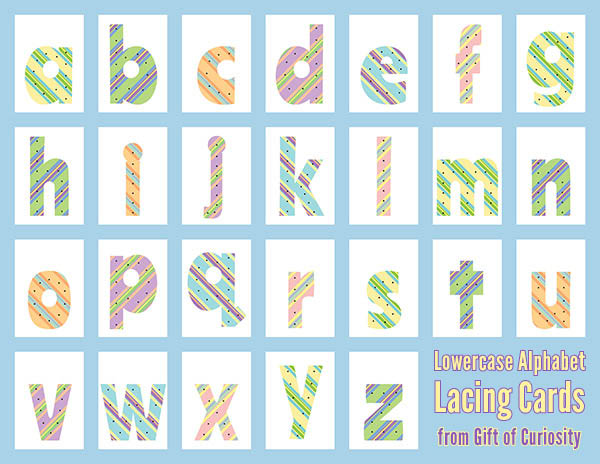 Alphabet Lacing Cards: Children will enjoy lacing these free printable uppercase and lowercase letters. Letter lacing develops fine motor skills and letter recognition at the same time. Great for toddlers and preschoolers! || Gift of Curiosity