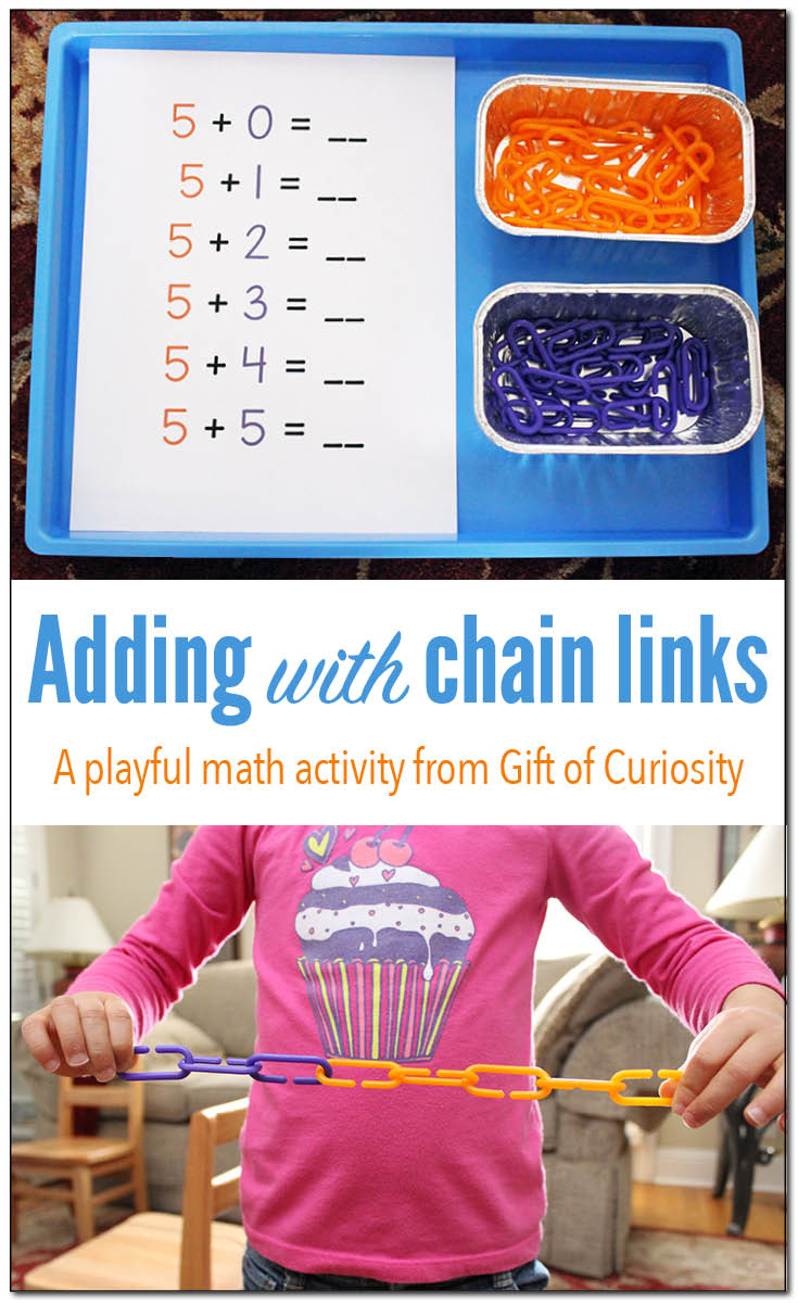 Adding with colored chain links is a fun, hands-on, and playful math activity for working on addition facts. Plus, it develops fine motor skills too! Love this math activity for preschoolers and kindergartners. || Gift of Curiosity