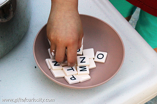 Making "Alphabet Soup" is not only a great sensory play activity, it promotes letter learning as well! I love this idea for teaching the alphabet to preschoolers, and it can be used to teach alphabetical order to kids as well. || Gift of Curiosity