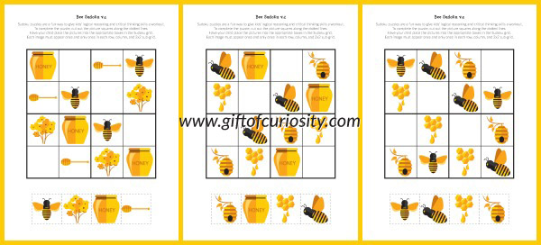 Free printable Bee Sudoku puzzles adapted to be used by young children. Great for challenging kids' critical thinking skills. Perfect for spring learning, these printables are a great resource for a bee or insects unit! || Gift of Curiosity
