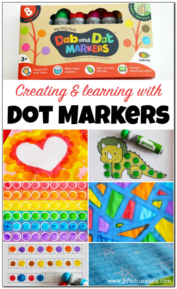 9 fun and easy ideas for creating and learning with dot markers. See how versatile dot markers can be for helping kids to learn and have fun! Great ideas for art projects, patterning, math, letters, and more learning that kids will enjoy! || Gift of Curiosity