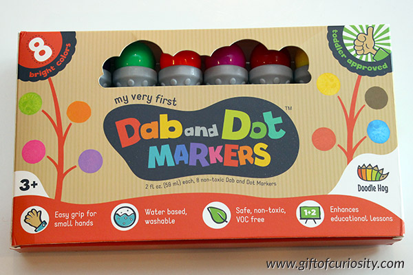 9 fun and easy ideas for creating and learning with dot markers. See how versatile dot markers can be for helping kids to learn and have fun! Great ideas for art projects, patterning, math, letters, and more learning that kids will enjoy! || Gift of Curiosity