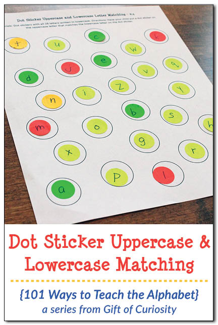 FREE Dot Sticker Uppercase and Lowercase Letter Matching printable activity supports letter knowledge and fine motor skills at the same time. What a fun idea for teaching the alphabet while kids are going through a sticker-loving phase! || Gift of Curiosity